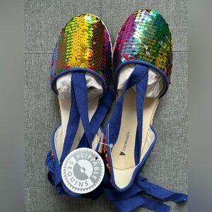 NWT Crewcuts kids Multicolor Sequin Espadrilles with Blue Tie Straps